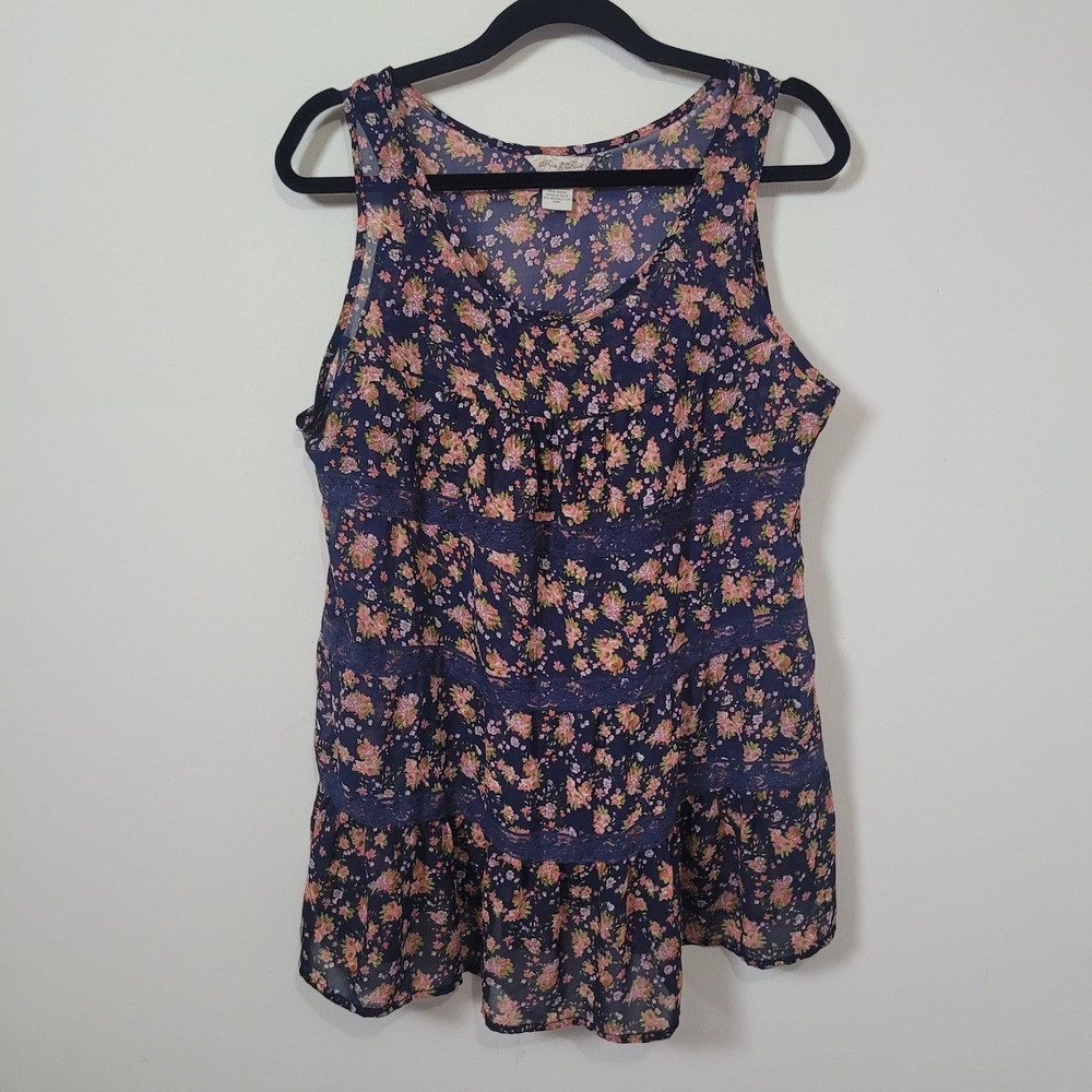 Fun‎ & Flirt Large Floral Lace Tiered Sleeveless Top Womens Navy Boho Blouse
